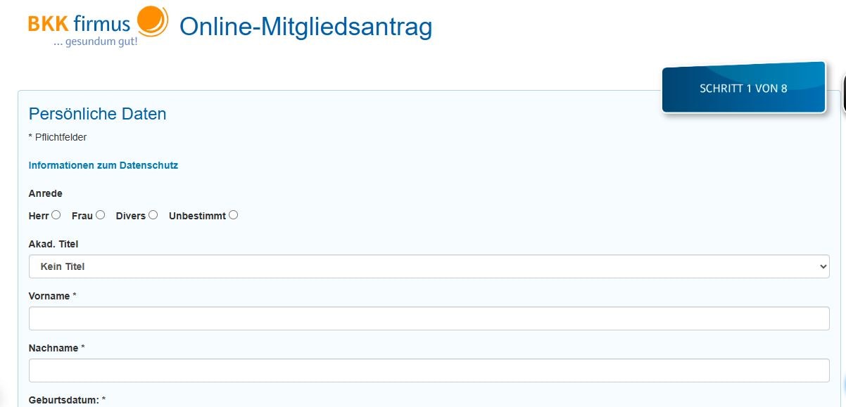 BKK firmus Online-Mitgliedsantrag – Schritt 1: Persönliche Daten wie Name, Anrede, Titel und Geburtsdatum im digitalen Formular eingeben.