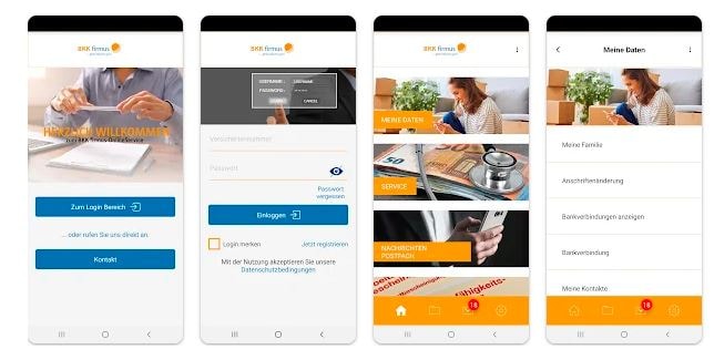 Einblick in die BKK firmus App: Startbildschirm, Login, Hauptmenü mit Servicefunktionen und Datenverwaltung wie Familie oder Bankverbindung.