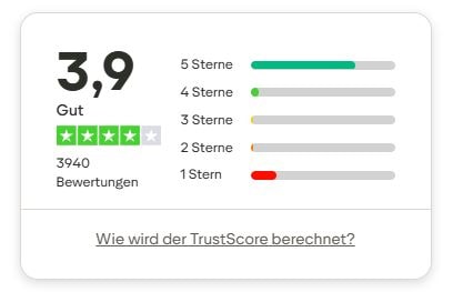 Bewertung auf Trustpilot: 3,9 von 5 Sternen bei 3940 Bewertungen.