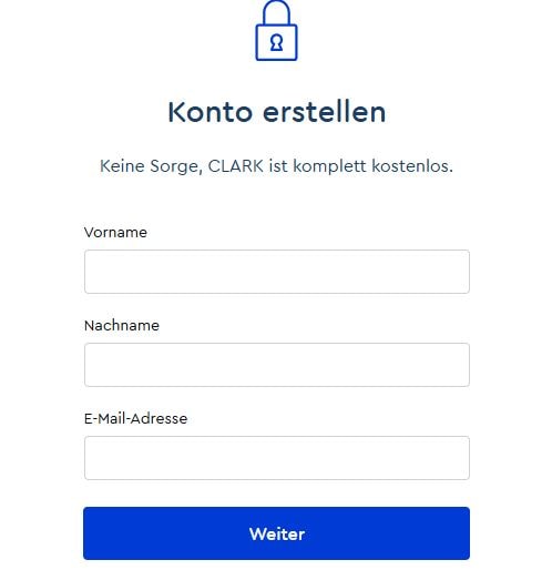 Anmeldemaske mit Eingabefeldern für Vorname, Nachname und E-Mail-Adresse.