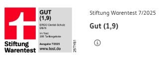 Stiftung Warentest Siegel: Bewertung ‚Gut (1,9)‘ für die ERGO Dental-Schutz Zahnzusatzversicherung im Test 7/2025. Getestet wurden 288 Tarife.