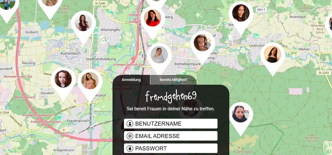 Registrierungsseite der Plattform 'fremdgehen69' mit einer Karte im Hintergrund. Auf der Karte sind Profilbilder von Frauen in Standort-Markierungen zu sehen. Im Vordergrund Anmeldeformular mit Feldern für Benutzername, E-Mail-Adresse und Passwort.
