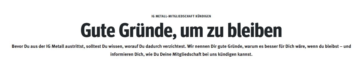 IG Metall-Webseite mit Hinweis auf Vorteile der Mitgliedschaft: 'Gute Gründe, um zu bleiben'.