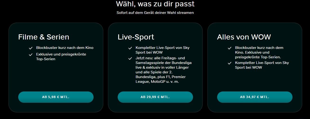 Übersicht der WOW-Pakete: Filme & Serien, Live-Sport und alles von WOW.