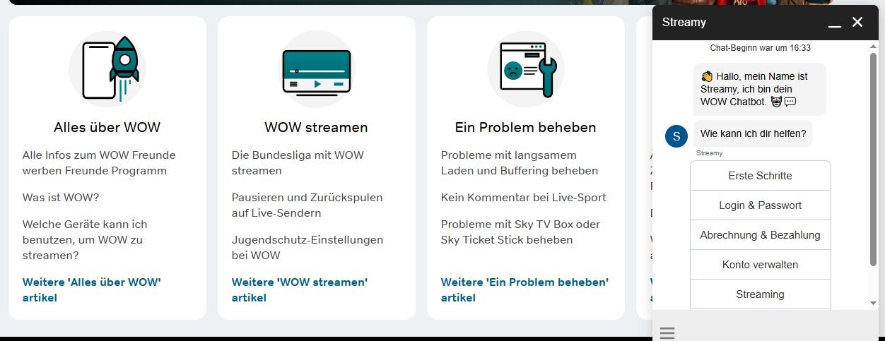 Hilfebereich auf der WOW-Webseite: Alles über WOW, WOW streamen, ein Problem beheben und Chat.