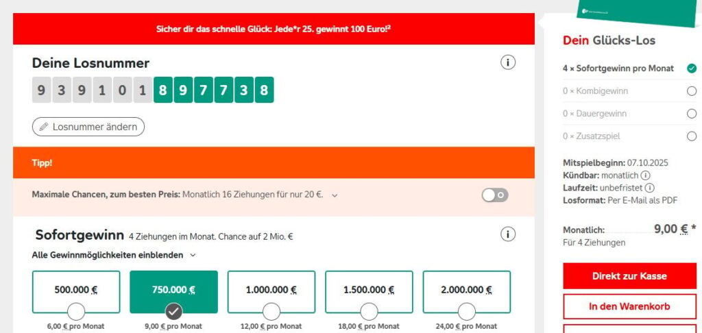 Screenshot der Aktion Mensch Website mit Losnummer, Auswahl des Sofortgewinns bis 2 Mio. €, Preis 9 € monatlich.