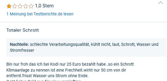 1-Stern Bewertung: Negatives Feedback zum Arctic Air Luftkühler