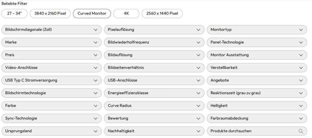 Screenshot einer Produktfilterübersicht auf der Galaxus-Website für Monitore. Zu sehen sind Filteroptionen wie Bildschirmdiagonale, Auflösung, Marke, Preis, Anschlüsse, Panel-Technologie, Energieeffizienz, Helligkeit und mehr.