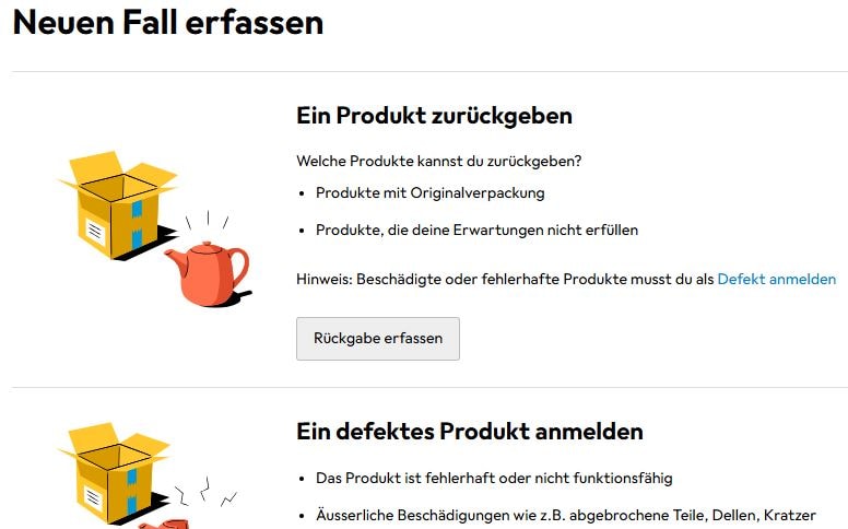 Retourenprozess bei Galaxus: Nutzer können zwischen zwei Optionen wählen: Ein Produkt zurückgeben – etwa bei Nichtgefallen und mit Originalverpackung – oder ein defektes Produkt melden, wenn es beschädigt oder nicht funktionsfähig ist. Jede Option ist mit einem passenden Symbolbild und einer kurzen Erklärung versehen.