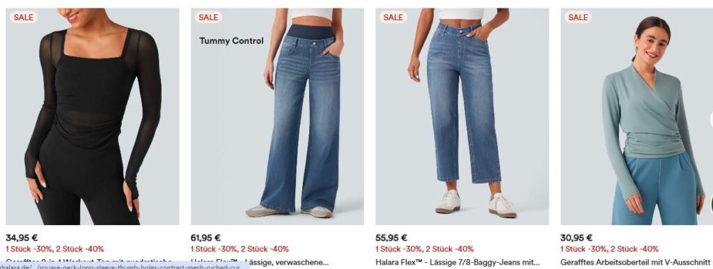 Das Bild zeigt vier reduzierte Damenkleidungsstücke im Online-Shop: einen schwarzen Einteiler, zwei Jeans (eine mit Tummy-Control), und ein mintgrünes Wickeloberteil. Alle Artikel sind im Sale mit bis zu 40 % Rabatt.