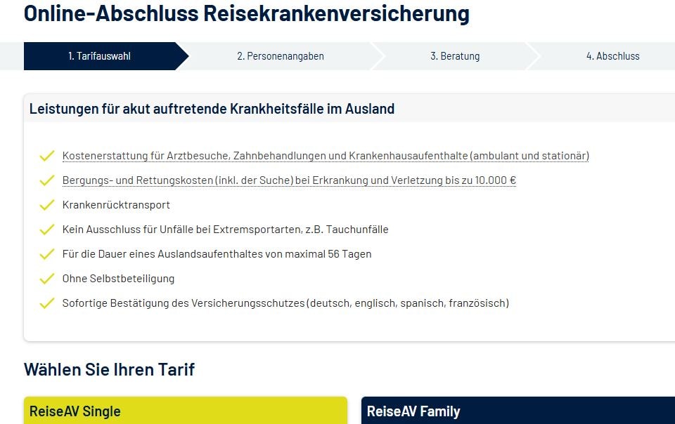 Online-Abschluss einer Reiseversicherung bei Inter Versicherung. Auflistung der Leistungen.