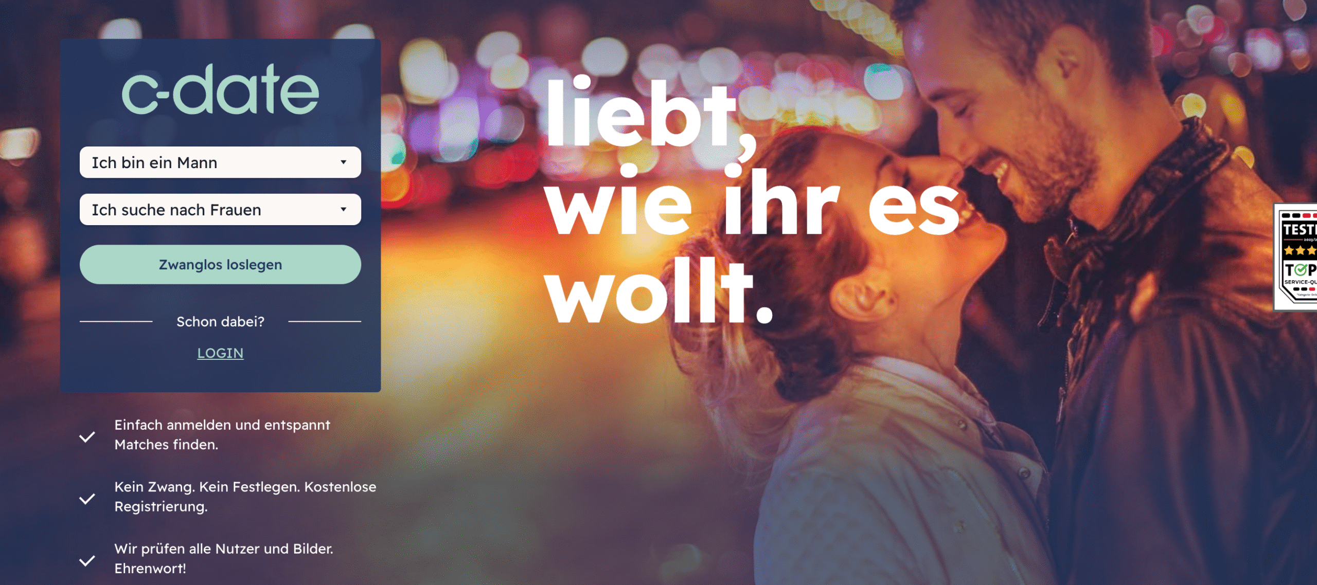 Screenshot der C-Date-Startseite mit Anmeldefeldern zur Auswahl von Geschlecht und Suchpräferenz.