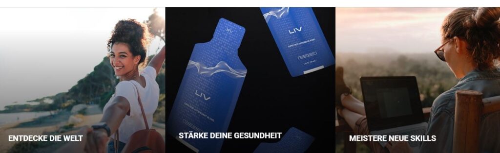 Dreiteiliges Bild mit Jifu-Werbung: Links eine Frau beim Reisen mit dem Text „Entdecke die Welt“, in der Mitte ein Nahrungsergänzungsmittel mit der Aufschrift „LIV“ und dem Text „Stärke deine Gesundheit“, rechts eine Frau mit Laptop in der Natur und dem Text „Meistere neue Skills“.