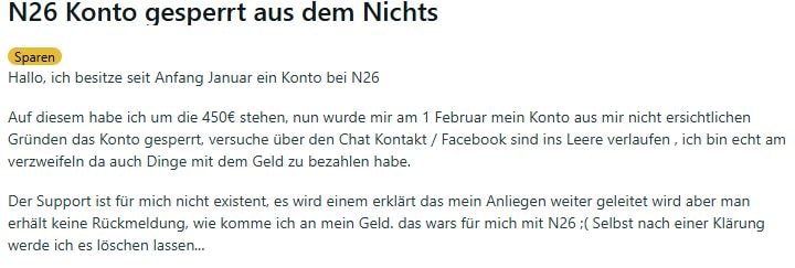 N26 Geschäftskonto: negative Erfahrungen auf Reddit geteilt