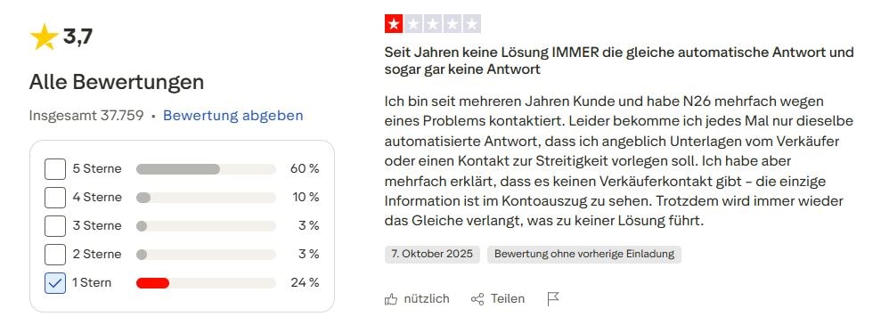N26 Geschäftskonto Erfahrungen: negative Bewertung auf Trustpilot